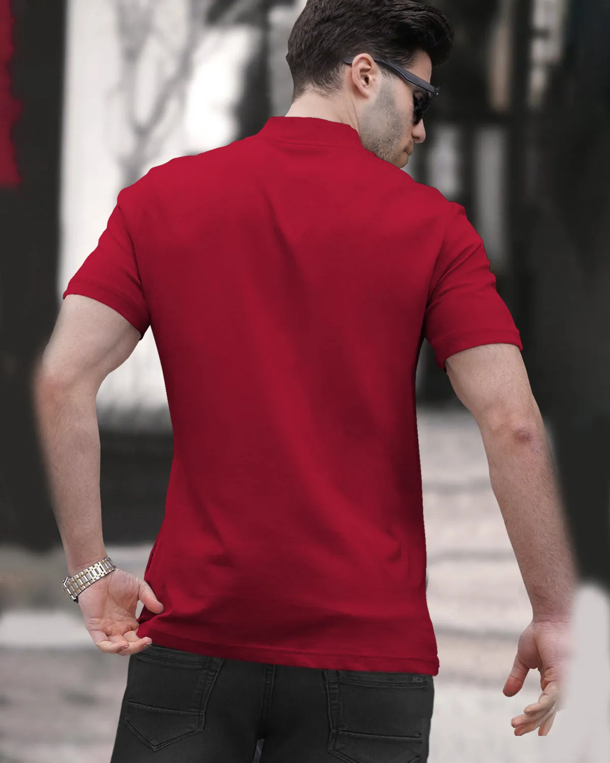 Half / Full Sleeves Plain Red zipper Neck T-Shirt