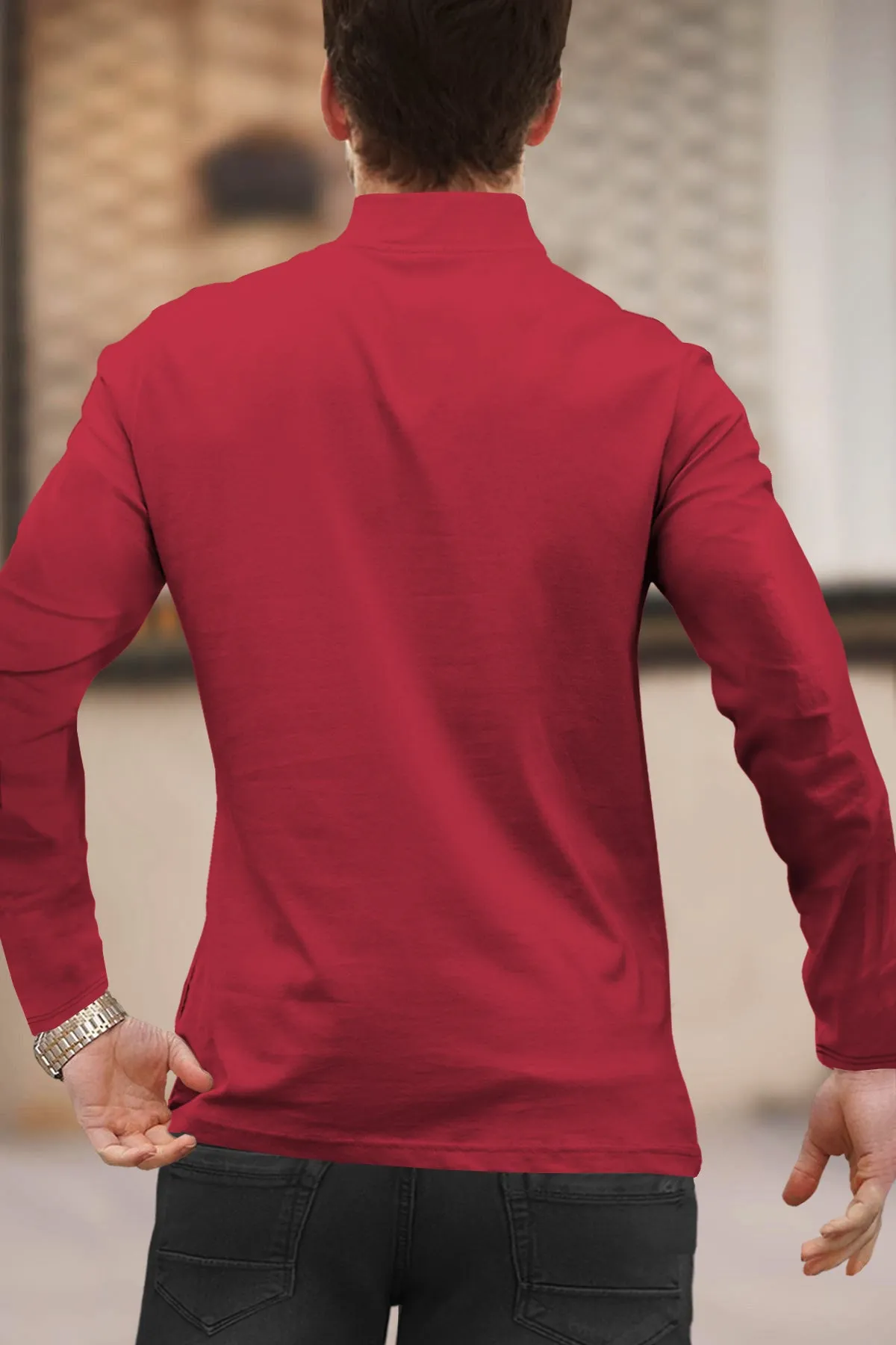 Half / Full Sleeves Plain Red zipper Neck T-Shirt