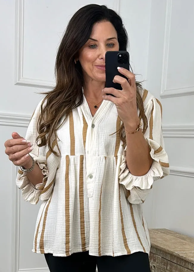 Helena Cream Camel Stripe Blouse