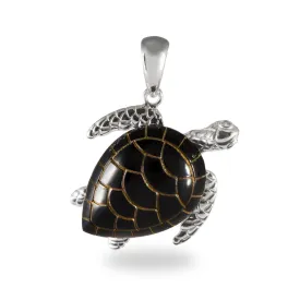 Honu Black Coral Pendant in White Gold with Diamonds - 26mm