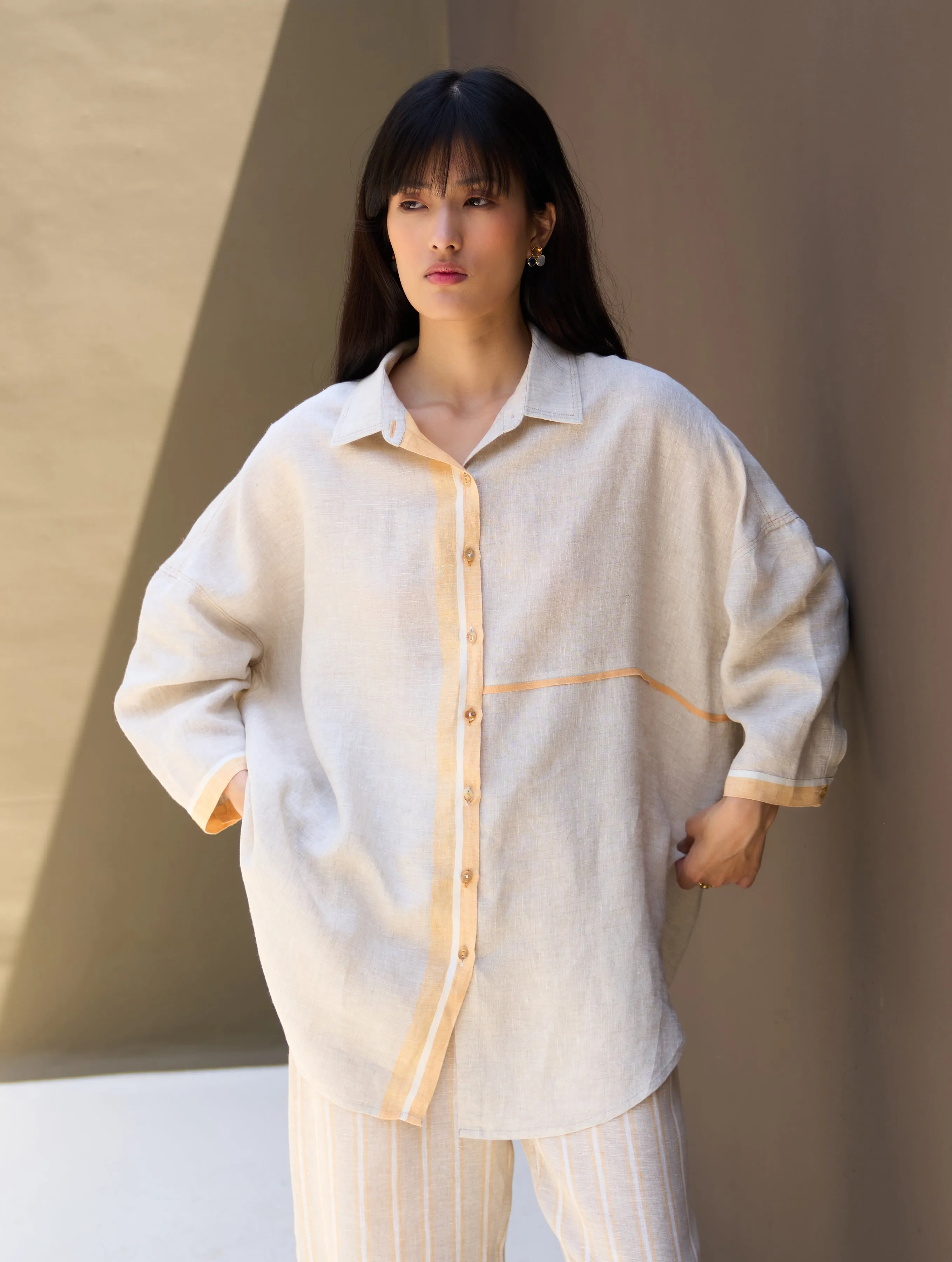 Isla Border Linen Shirt - Natural