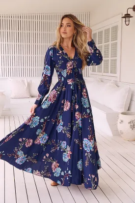 Jaase Indiana Maxi Dress with Long Sleeve Buttoned Front Shirred Waist - Botanica Collection