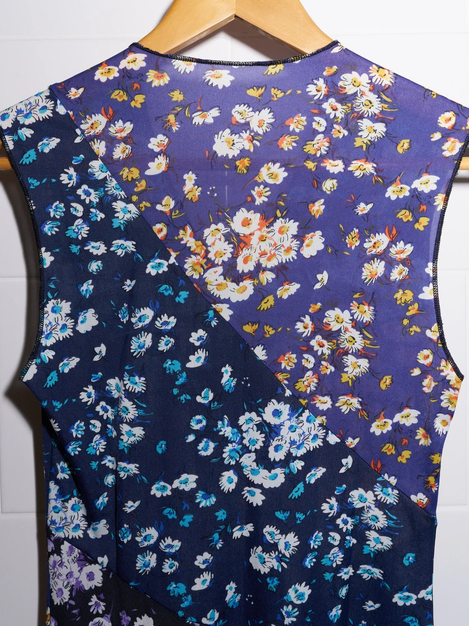 Jean Colonna blue and purple patchwork floral print v neck sleeveless dress