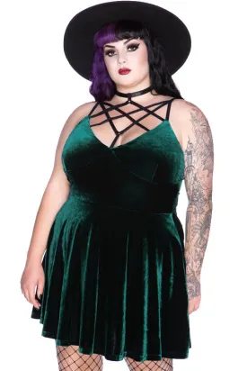 Killstar Magica Dress in Emerald Green Velvet with Harness Detailing