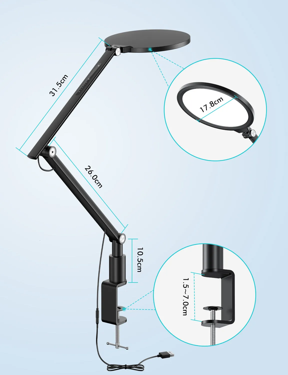 LED Desk Lamp 7'' with Clamp, Swing Arm (LT-1C)