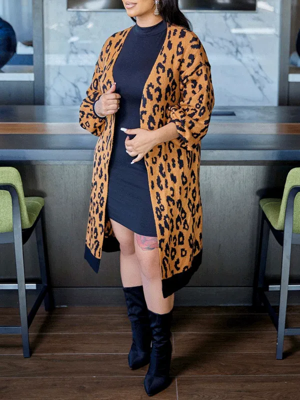 Leopard Print Open Front Knitted Cardigan