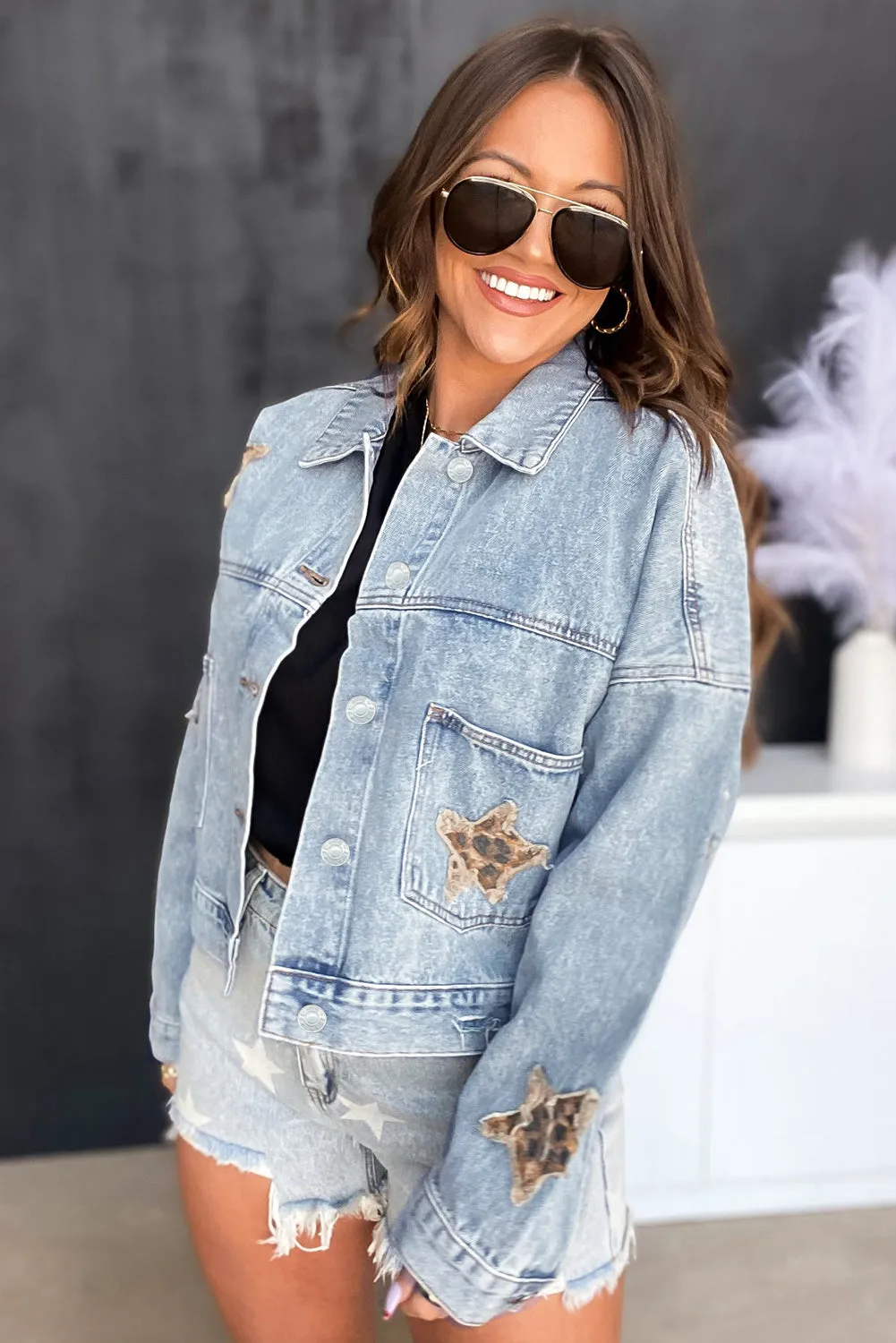 Leopard Star Distressed Cropped Denim Jacket