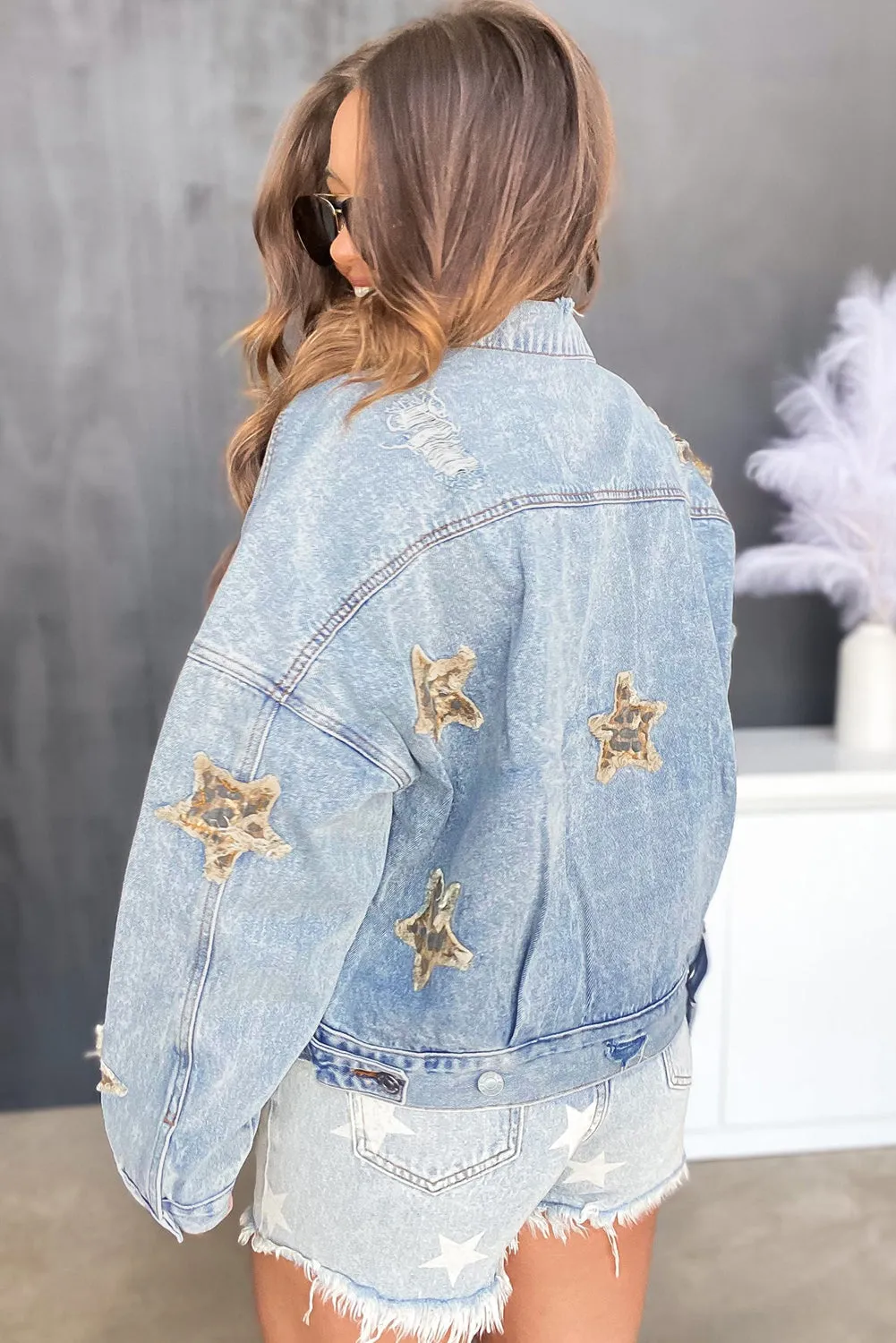 Leopard Star Distressed Cropped Denim Jacket