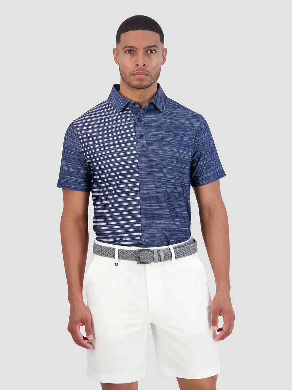 Melange Stripes Color Block Tech Jersey Sports Fit Polo - Navy