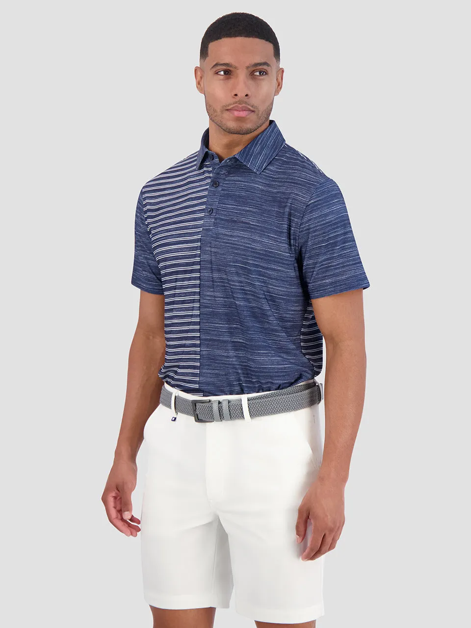 Melange Stripes Color Block Tech Jersey Sports Fit Polo - Navy