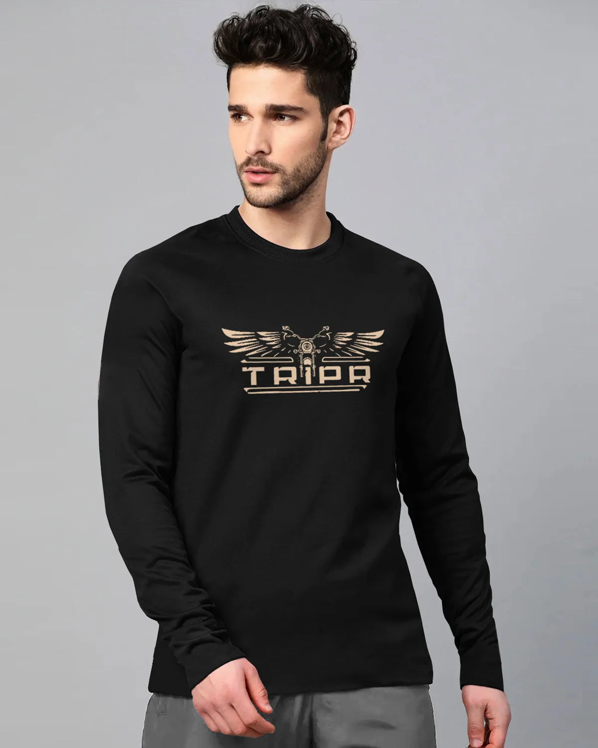 Men Black TRIPR Logo Printed Full Hand T-shirt