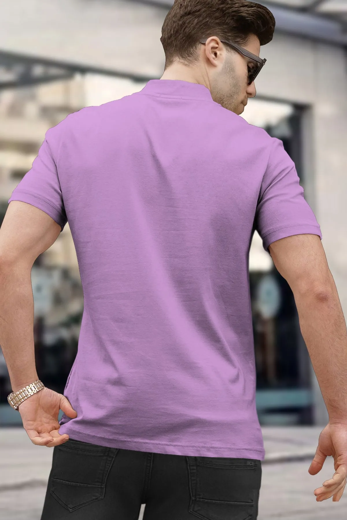 Men Lavender Short Sleeve Zip Neck plain T-Shirt