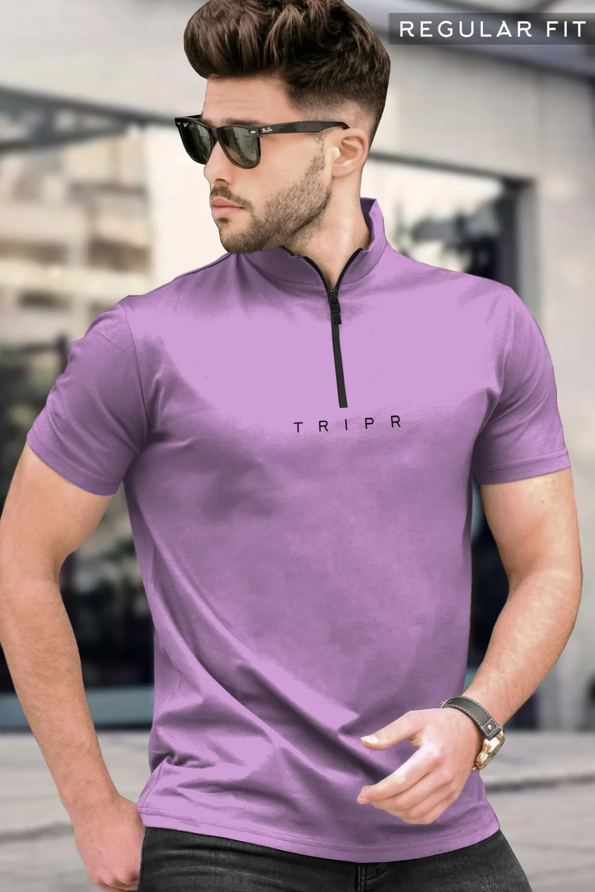 Men Lavender Short Sleeve Zip Neck plain T-Shirt