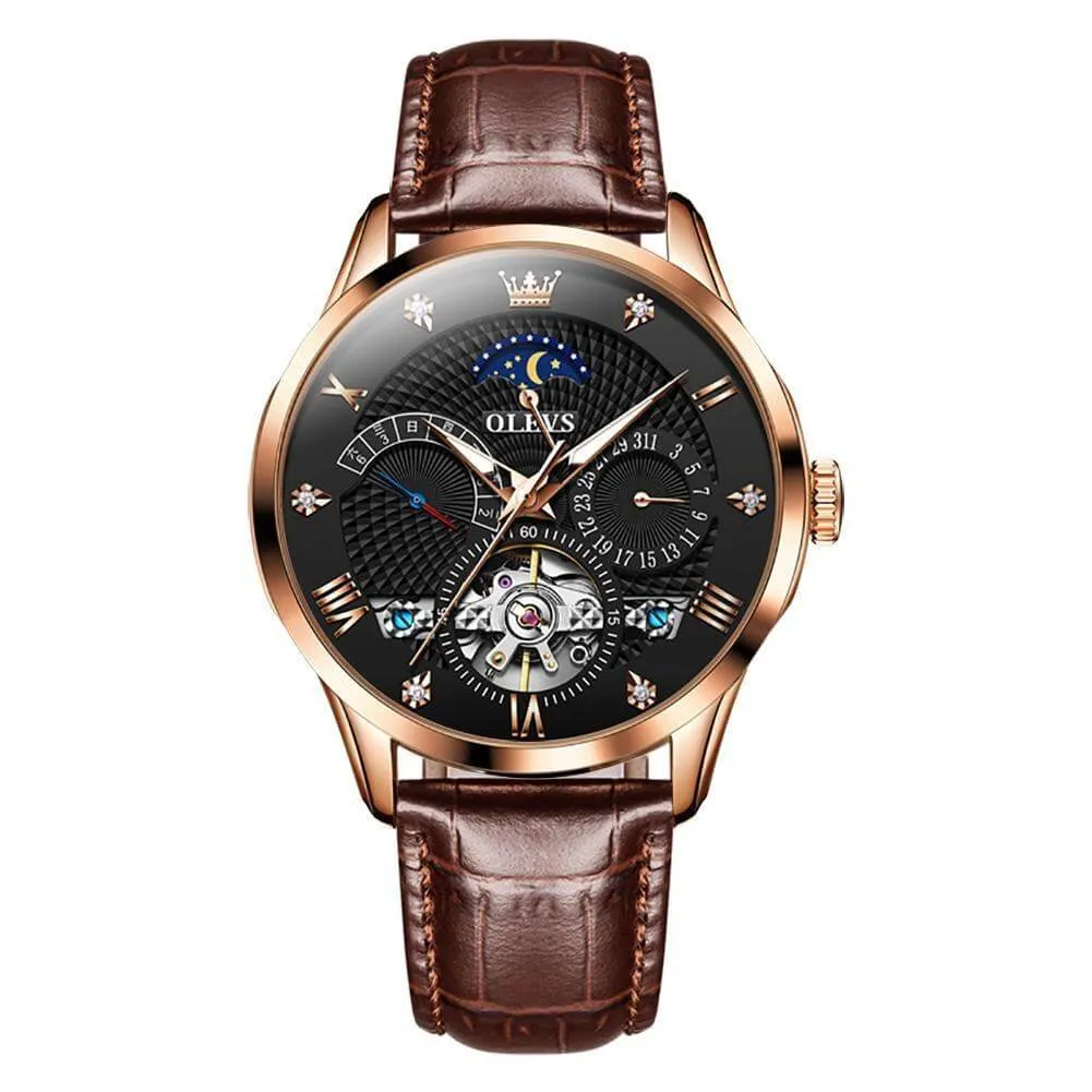 Olevs Automatic Tourbillon Skeleton Mechanical Movement Luminous Fashion High Quality Watch for Men