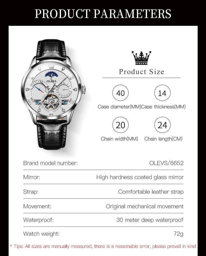 Olevs Automatic Tourbillon Skeleton Mechanical Movement Luminous Fashion High Quality Watch for Men