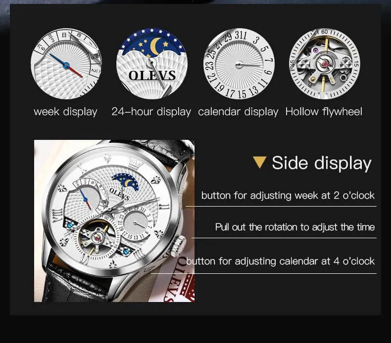 Olevs Automatic Tourbillon Skeleton Mechanical Movement Luminous Fashion High Quality Watch for Men