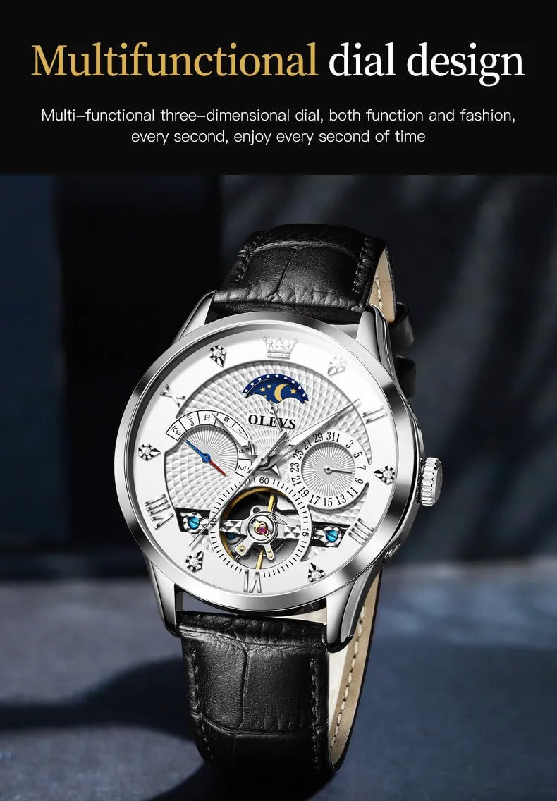 Olevs Automatic Tourbillon Skeleton Mechanical Movement Luminous Fashion High Quality Watch for Men