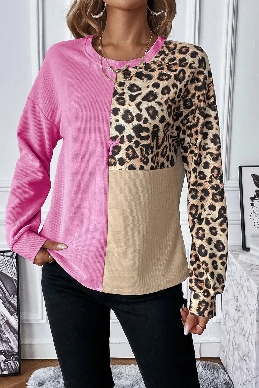 Pale Khaki Casual Waffle Knit Leopard Contrast Long Sleeve Top