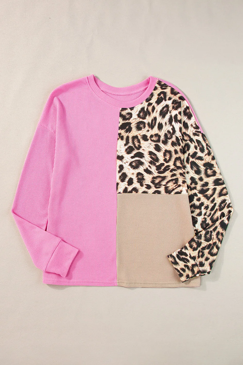 Pale Khaki Casual Waffle Knit Leopard Contrast Long Sleeve Top