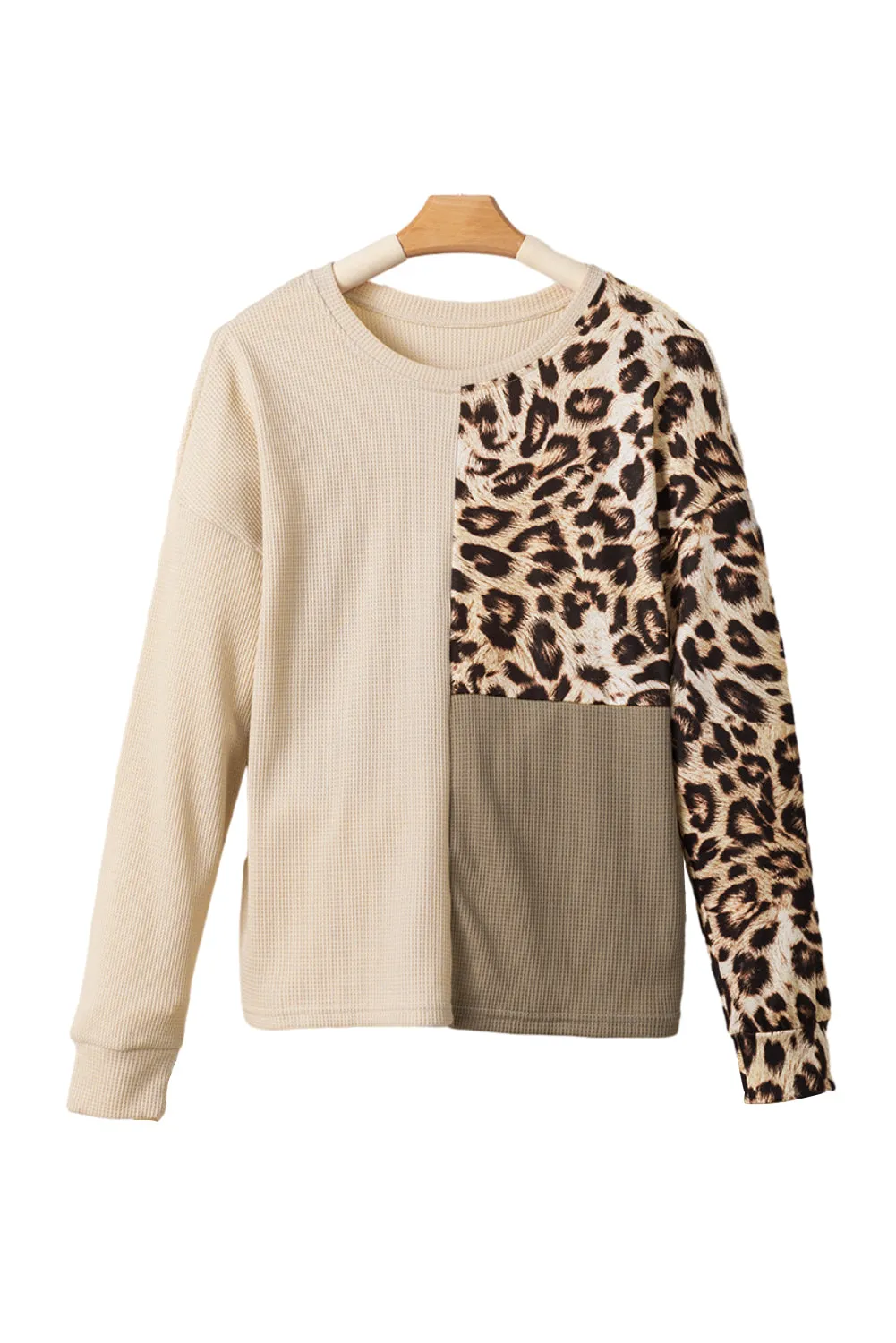 Pale Khaki Casual Waffle Knit Leopard Contrast Long Sleeve Top