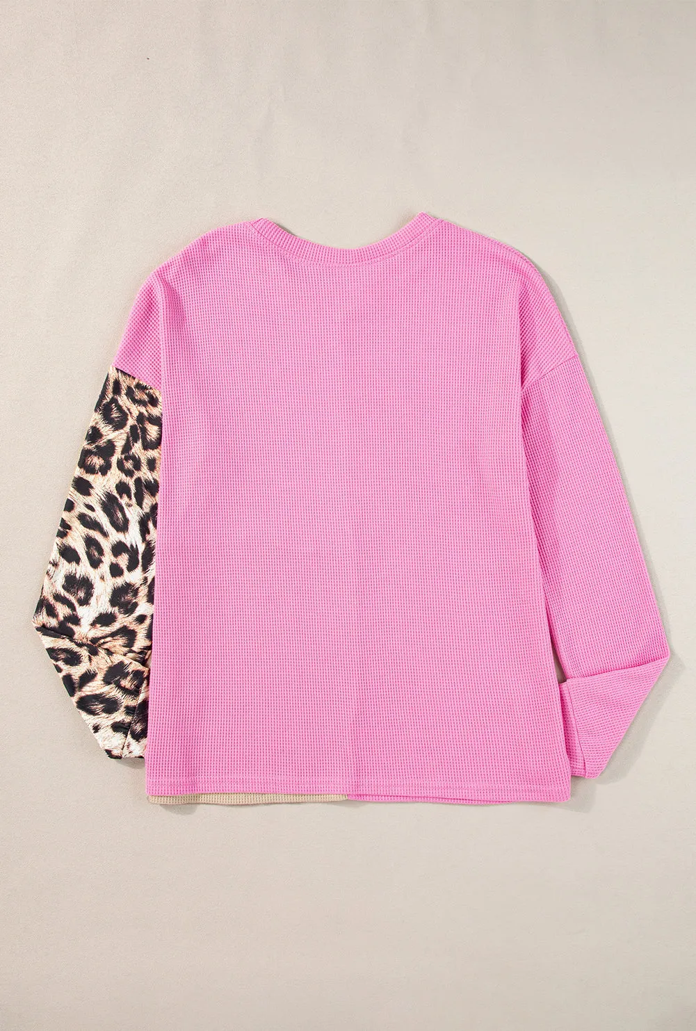 Pale Khaki Casual Waffle Knit Leopard Contrast Long Sleeve Top