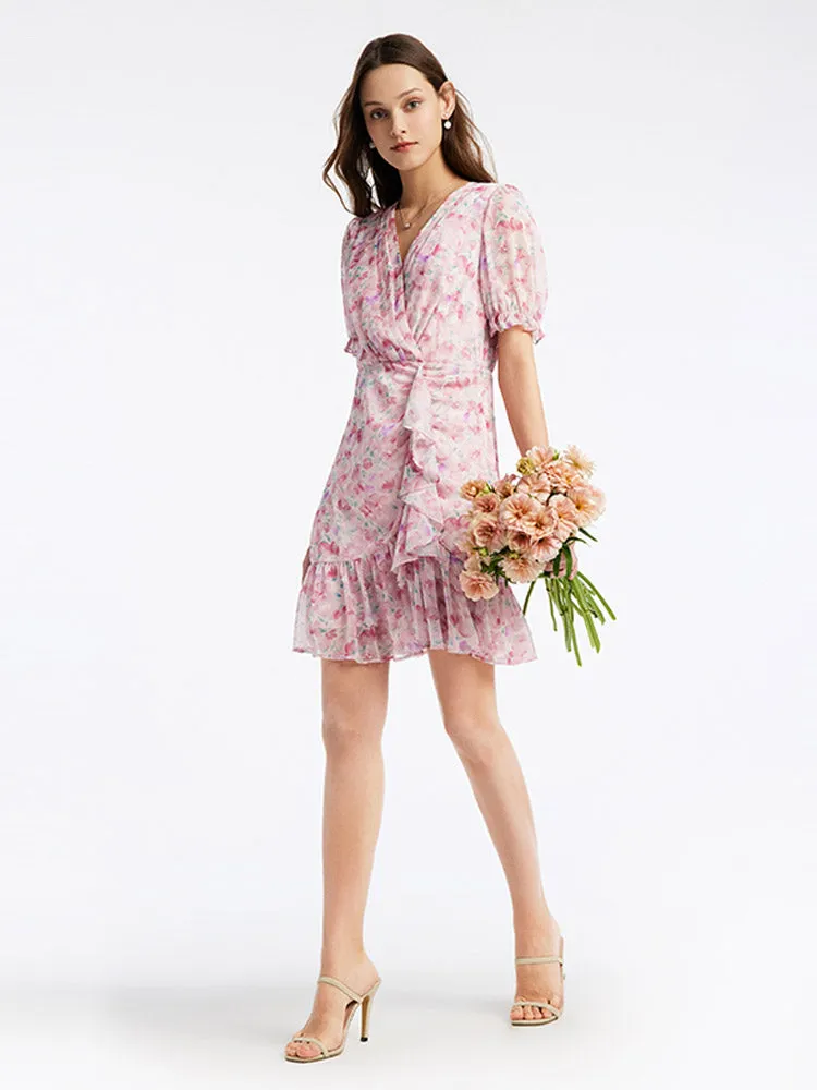 Pink Floral Short Sleeve Falbala Mini Dress