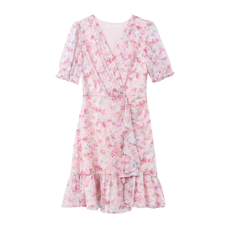 Pink Floral Short Sleeve Falbala Mini Dress