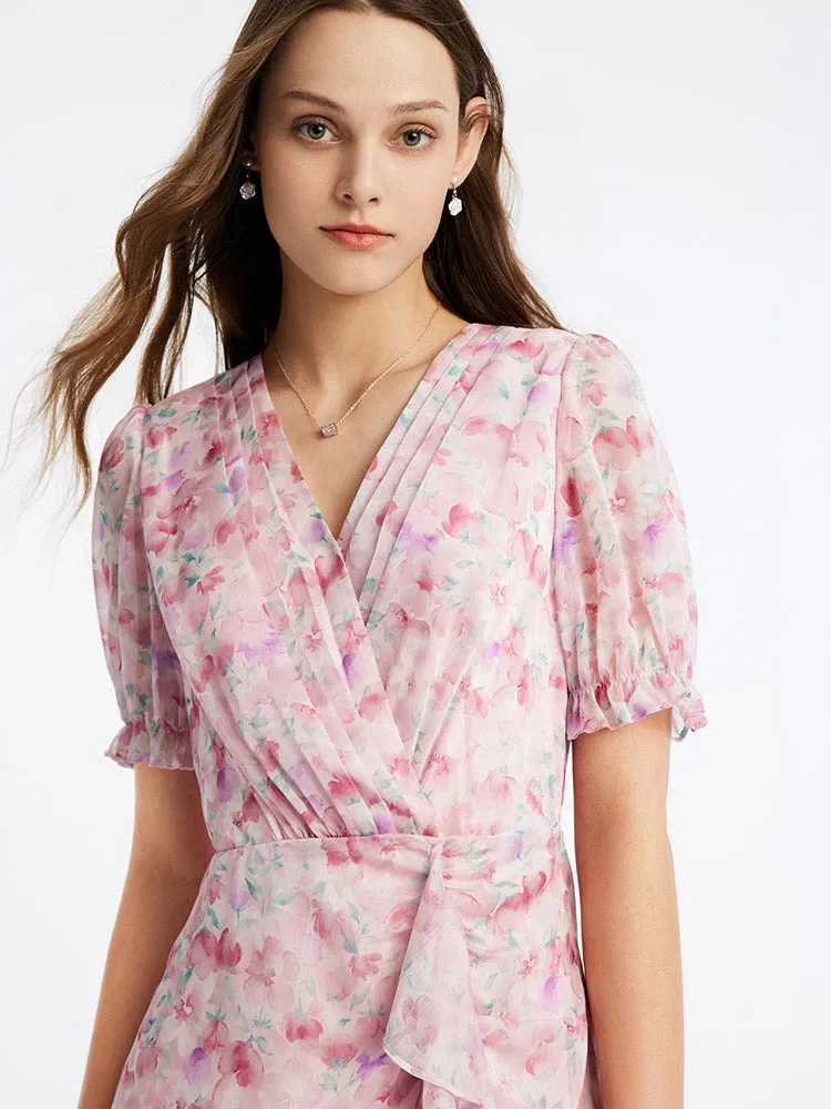 Pink Floral Short Sleeve Falbala Mini Dress