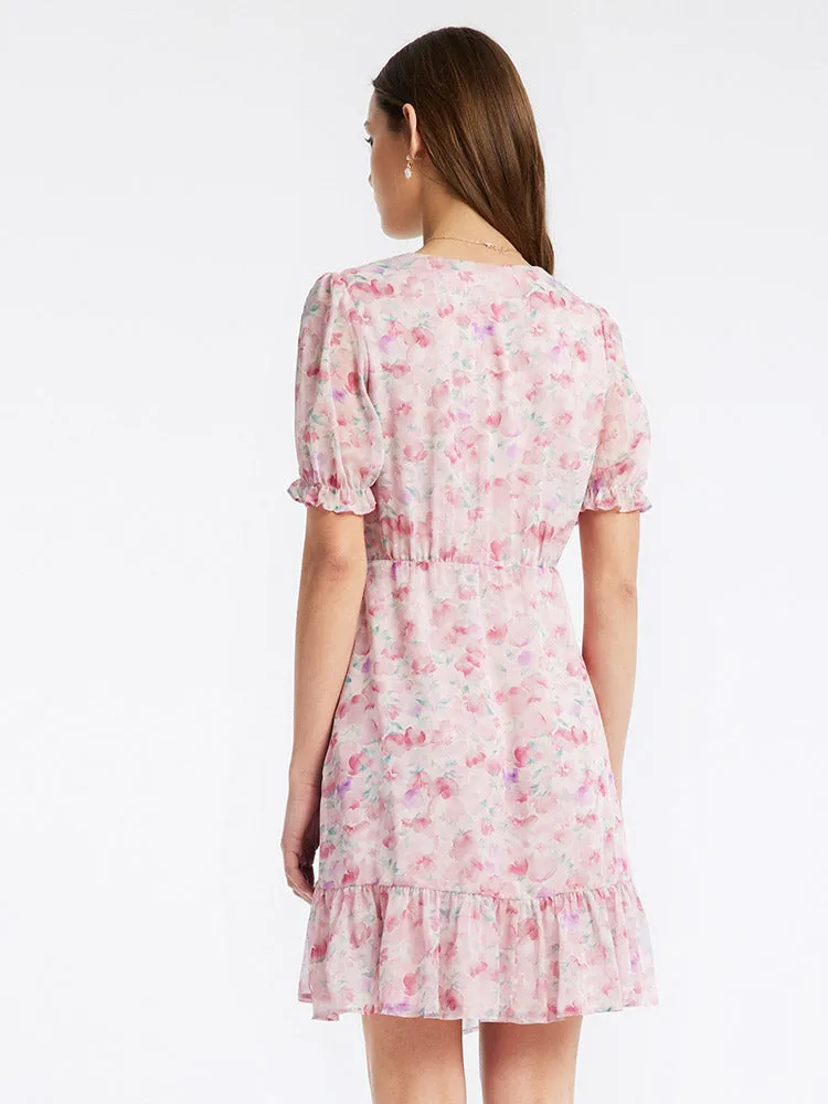 Pink Floral Short Sleeve Falbala Mini Dress