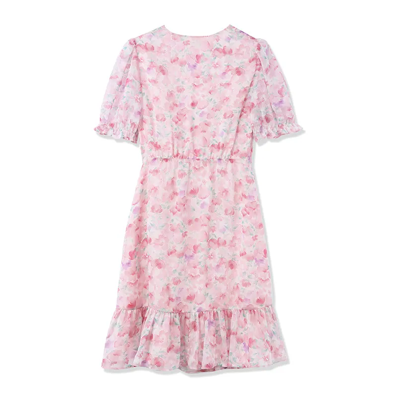 Pink Floral Short Sleeve Falbala Mini Dress