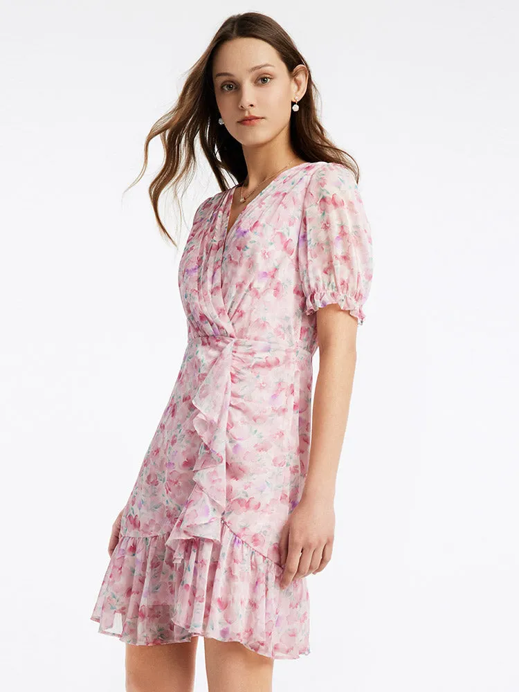 Pink Floral Short Sleeve Falbala Mini Dress