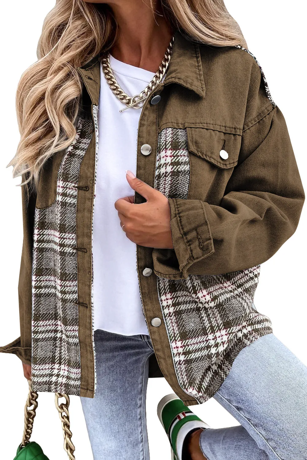 Plaid Patchwork Pockets Denim Jacket