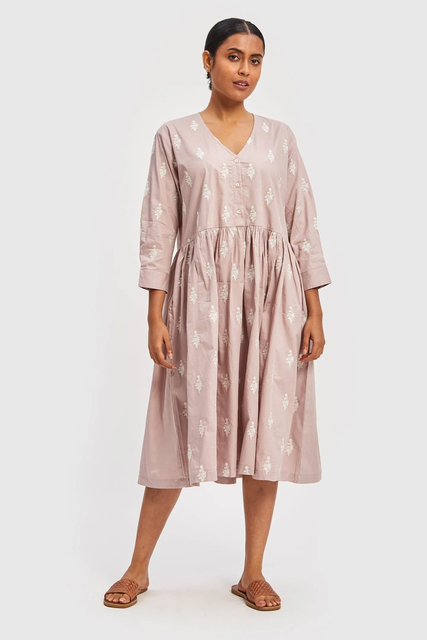 Poplin Gathered Embroidered Pink Dress