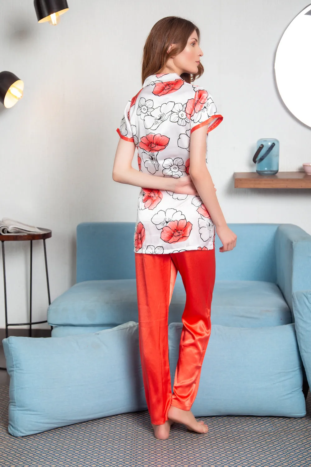 Printed satin Classic collar Night suit