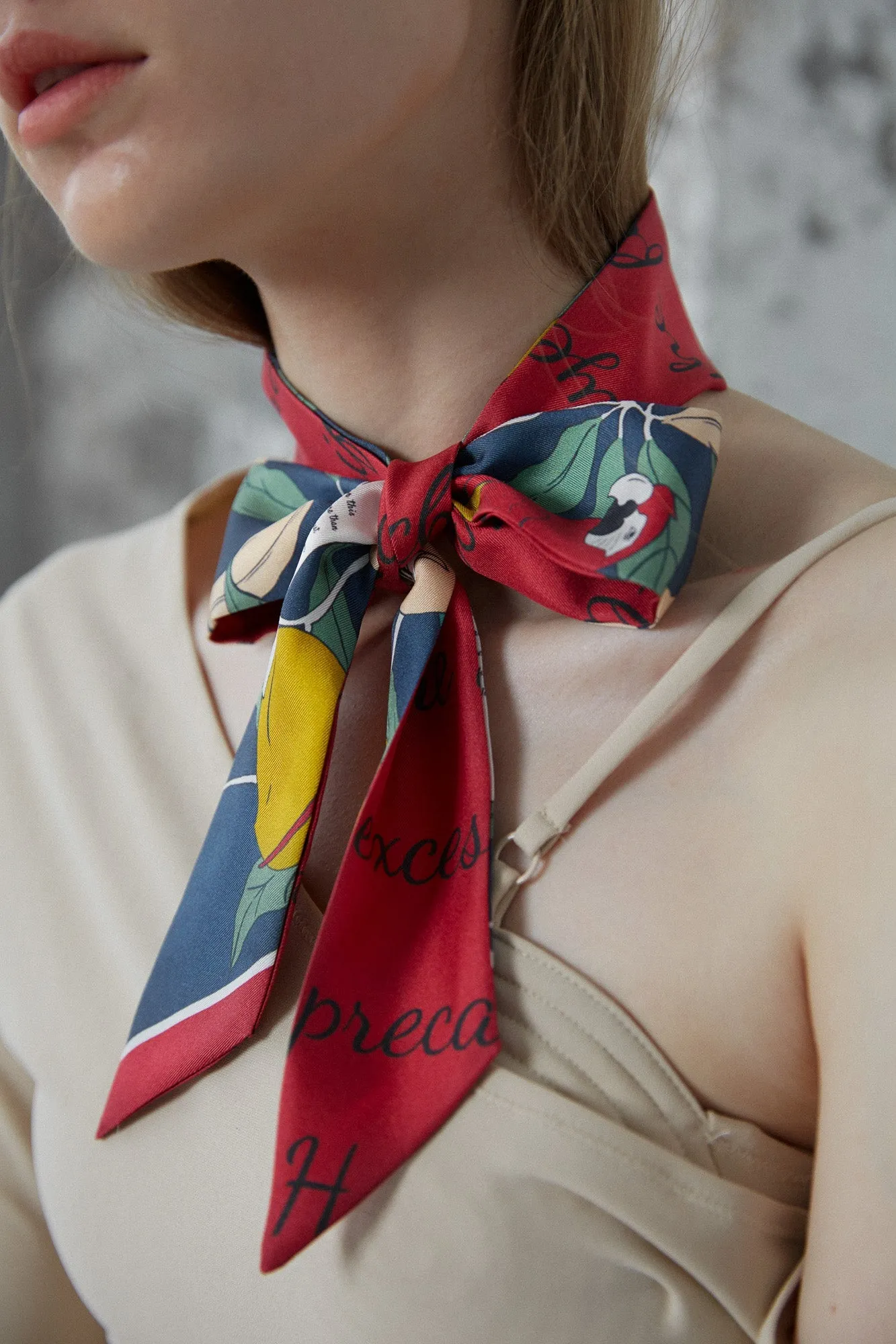 "El Amor" Silk Twilly Neck Bow - Tropical Red & Blue