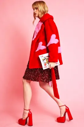 Red Eco Bamboo Faux Fur Coat with Love Heart Detailing