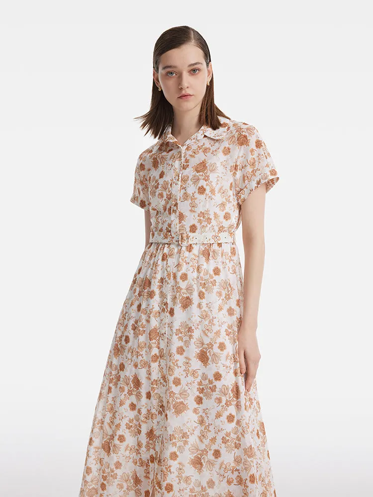 Rose Printed Women Midi Dress With Belt And Bottomed Dress