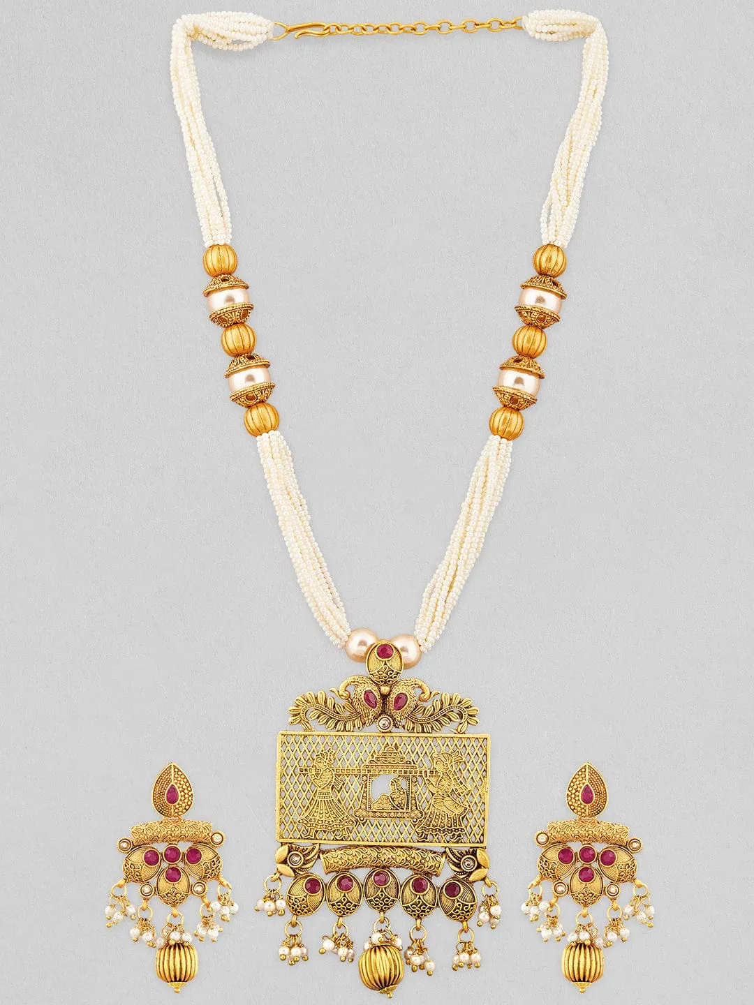 Rubans 24K gold plated pendant necklace set with white beads.