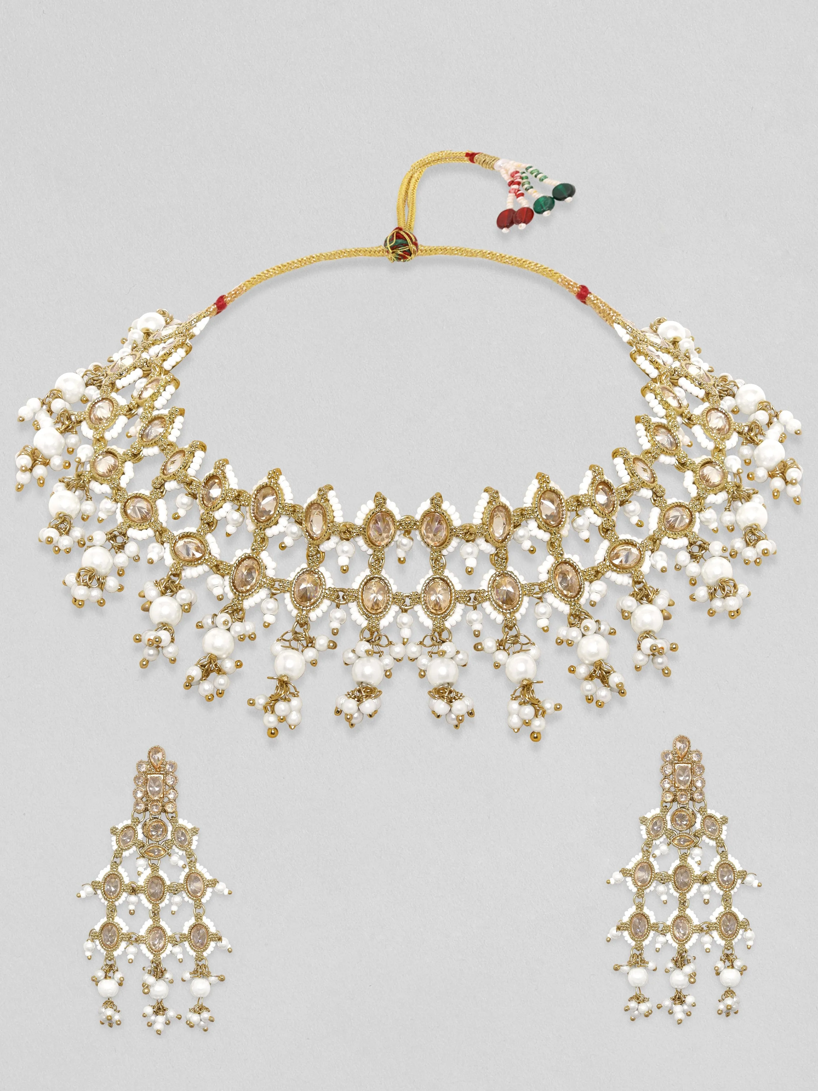 Rubans 24K Gold Plated Reverse AD Pearl Beaded Kundan Studded Choker Jewellery Set