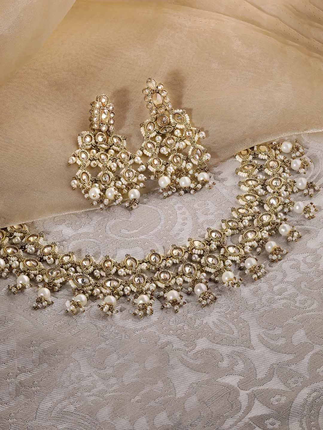 Rubans 24K Gold Plated Reverse AD Pearl Beaded Kundan Studded Choker Jewellery Set