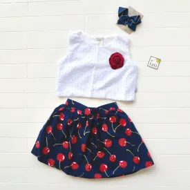 Sage Top and Skirt in Aztec White Embroidery and Navy Cherries