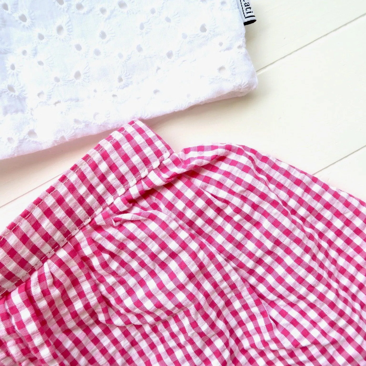 Sage Top and Skirt in White Eyelet and Strawberry Red Seersucker