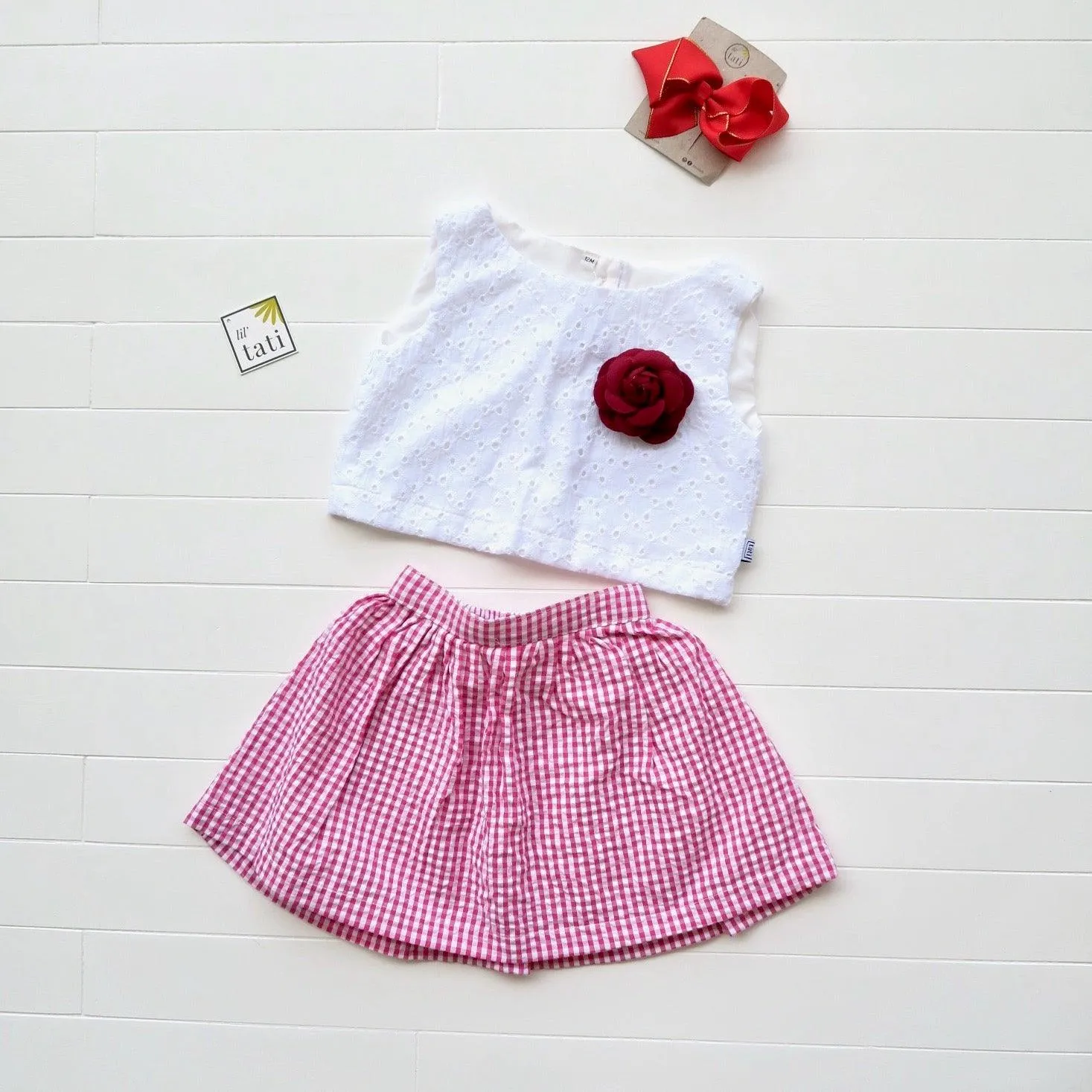 Sage Top and Skirt in White Eyelet and Strawberry Red Seersucker