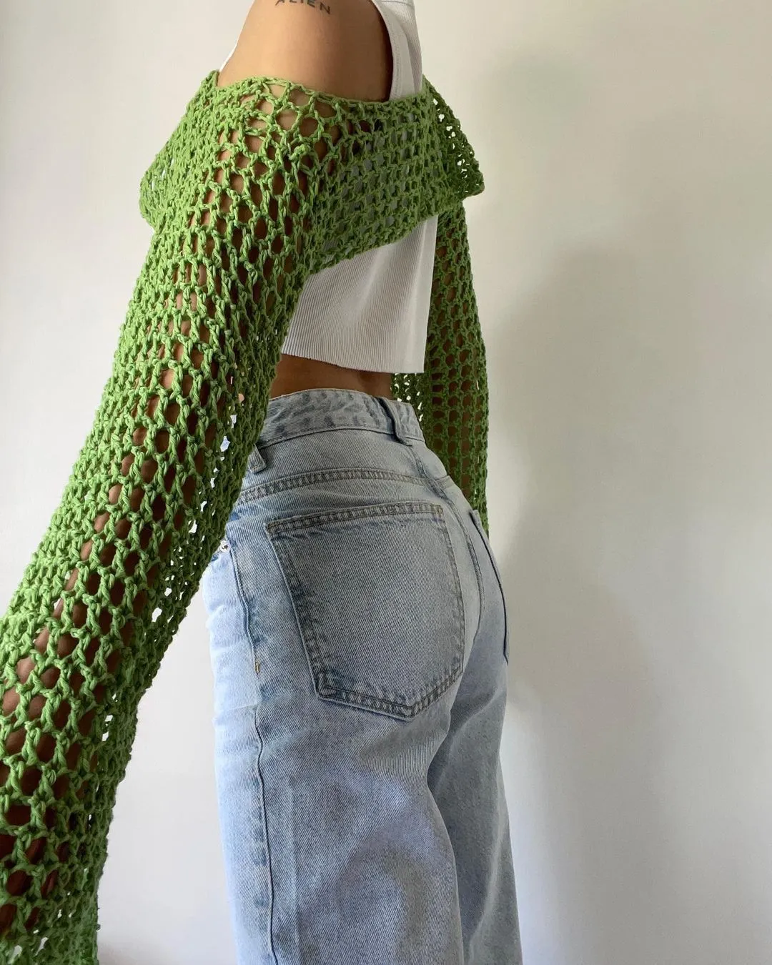 See Through Fish Net Crop Top Crochet Knit Cropped Blouse