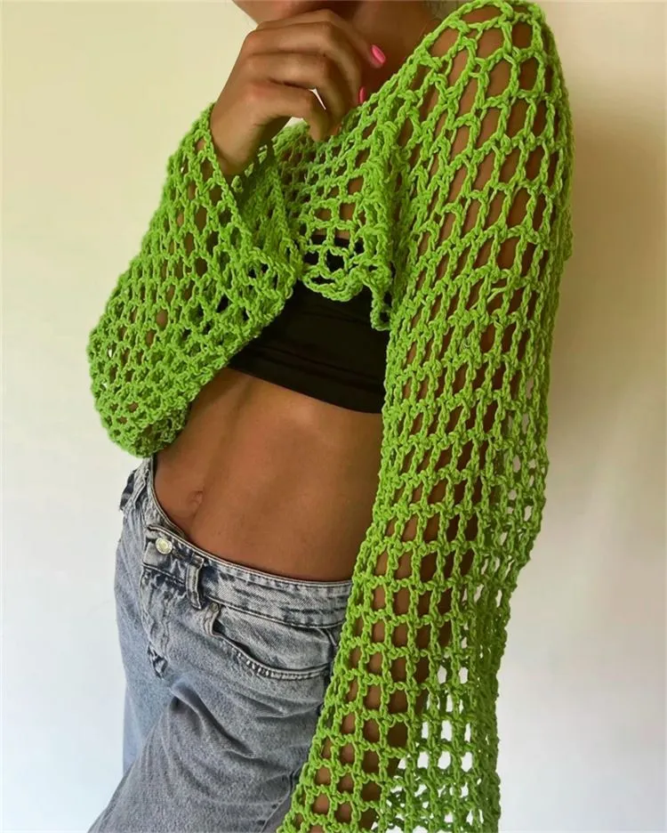 See Through Fish Net Crop Top Crochet Knit Cropped Blouse