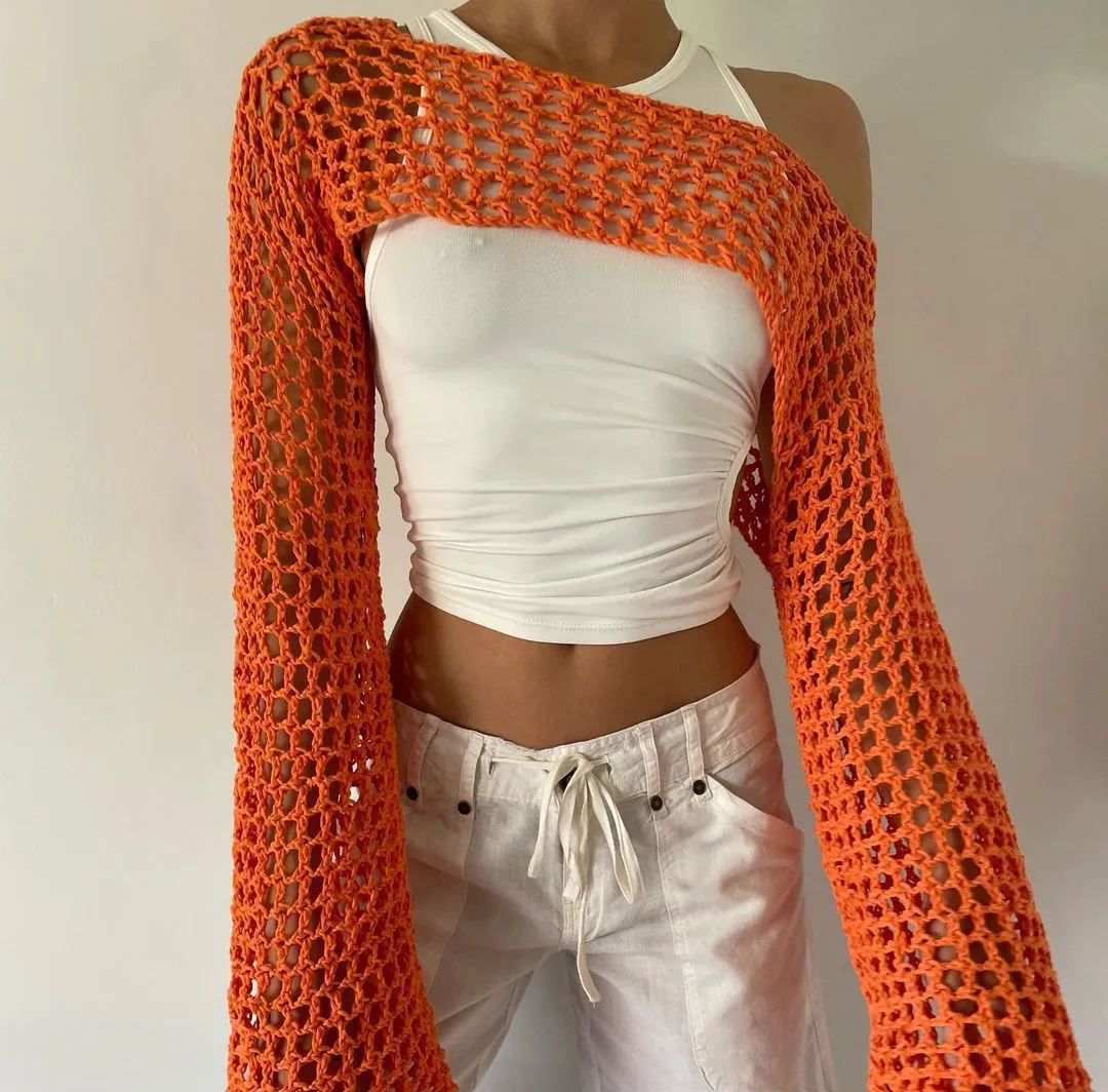 See Through Fish Net Crop Top Crochet Knit Cropped Blouse