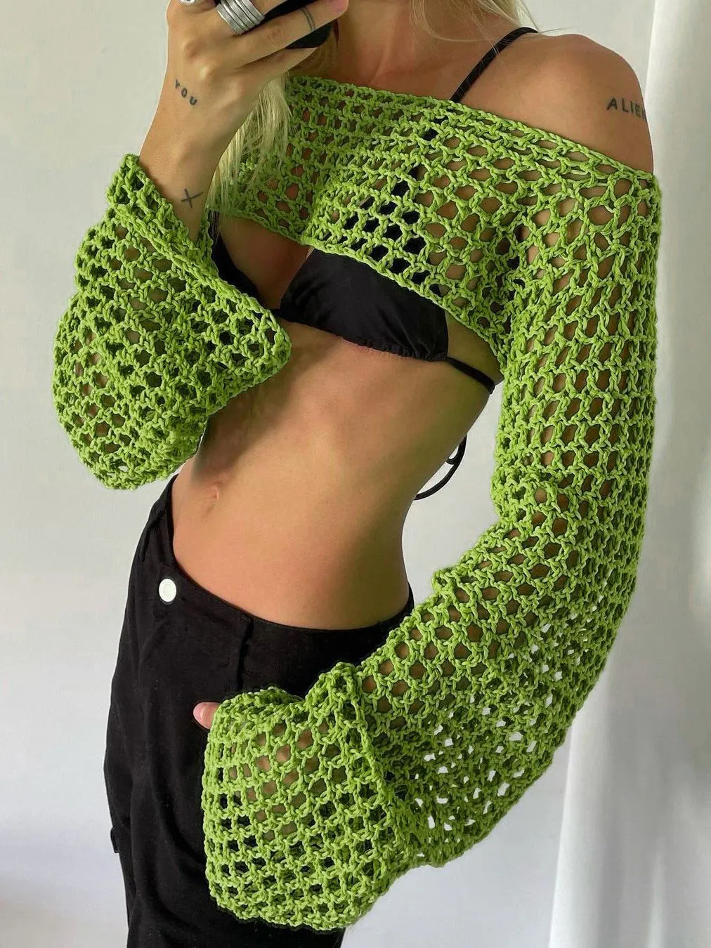 See Through Fish Net Crop Top Crochet Knit Cropped Blouse