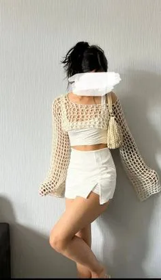 See Through Fish Net Crop Top Crochet Knit Cropped Blouse