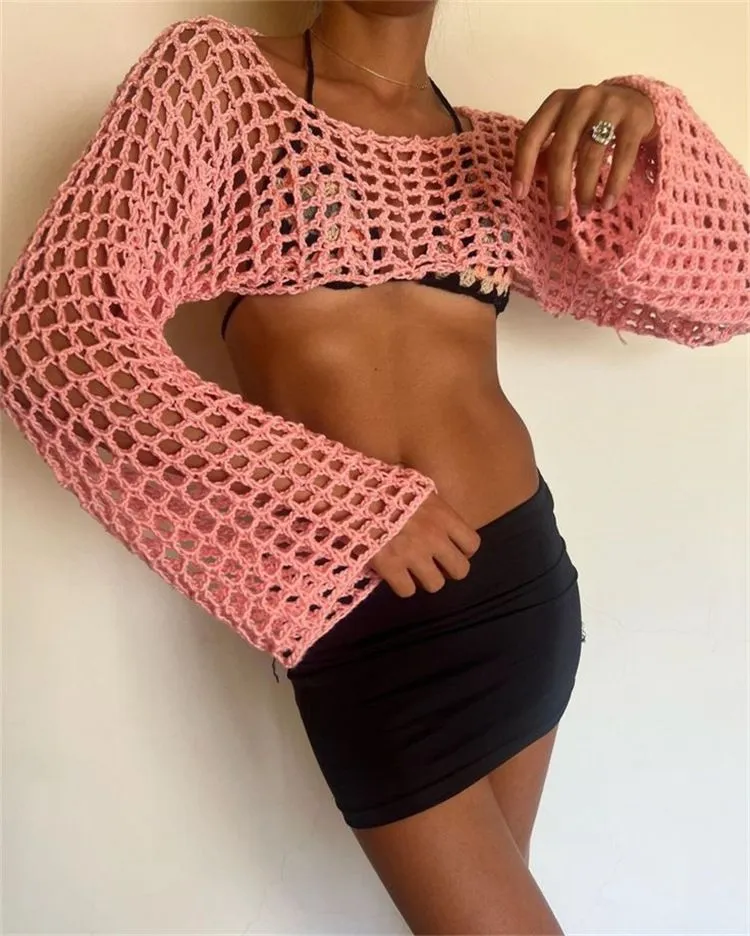 See Through Fish Net Crop Top Crochet Knit Cropped Blouse