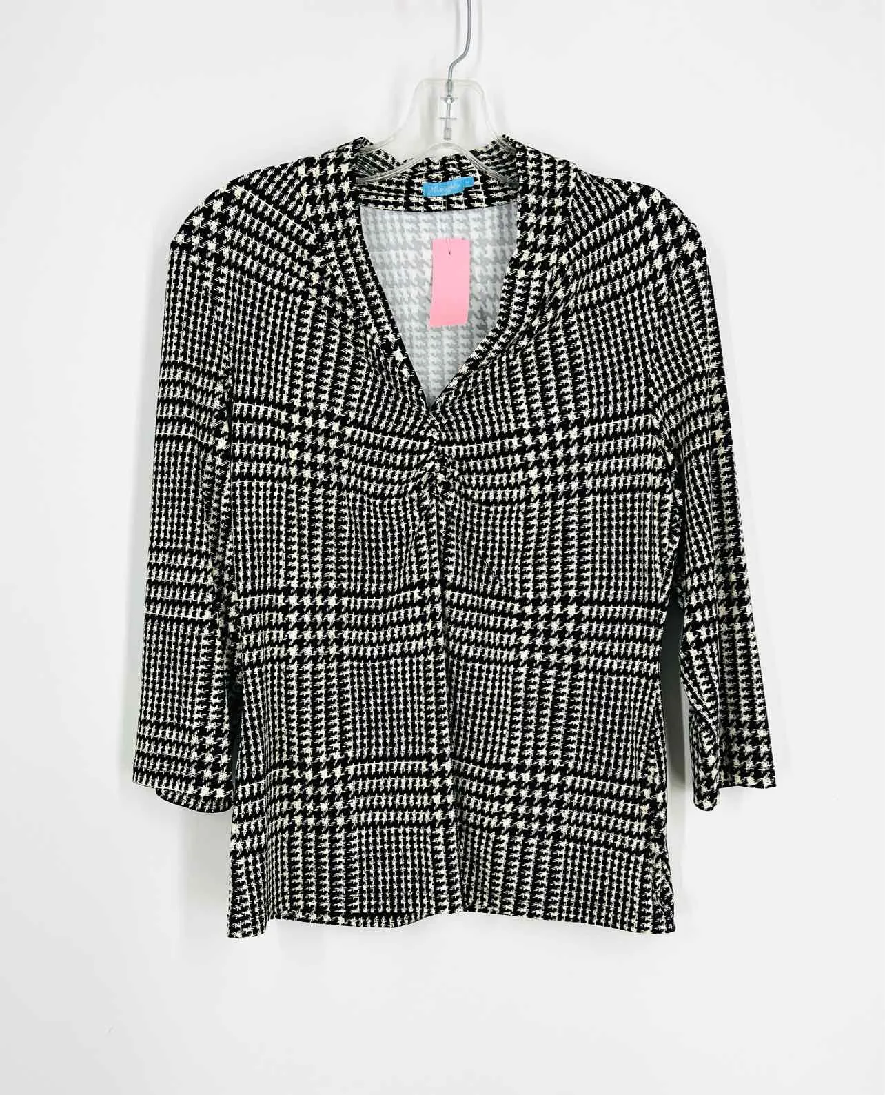 Size M Black/Cream Houndstooth Ruched Designer Top-3/4 Sleeve